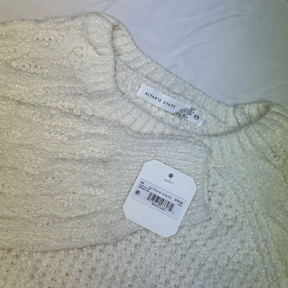 NWT Altar’d State Cropped Knitted Long Sleeve Sweater White Women's XXS